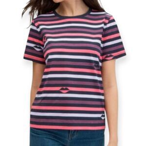 Kate Spade Striped Lip Print Short Sleeve Tee Pink Sz.XL EUC